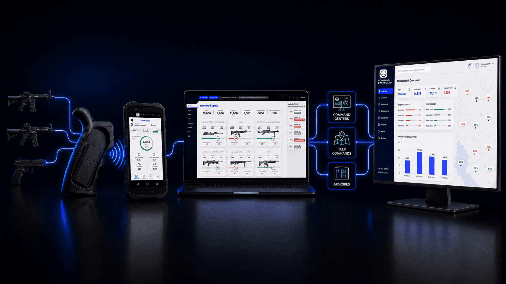 The Senseer platform: weapons feeding a grip sensor on its dock, a rugged handheld reader showing shot data, an armory-status dashboard on a laptop, command, field and armory endpoints, and an operational-overview dashboard on a command-center monitor, all connected.