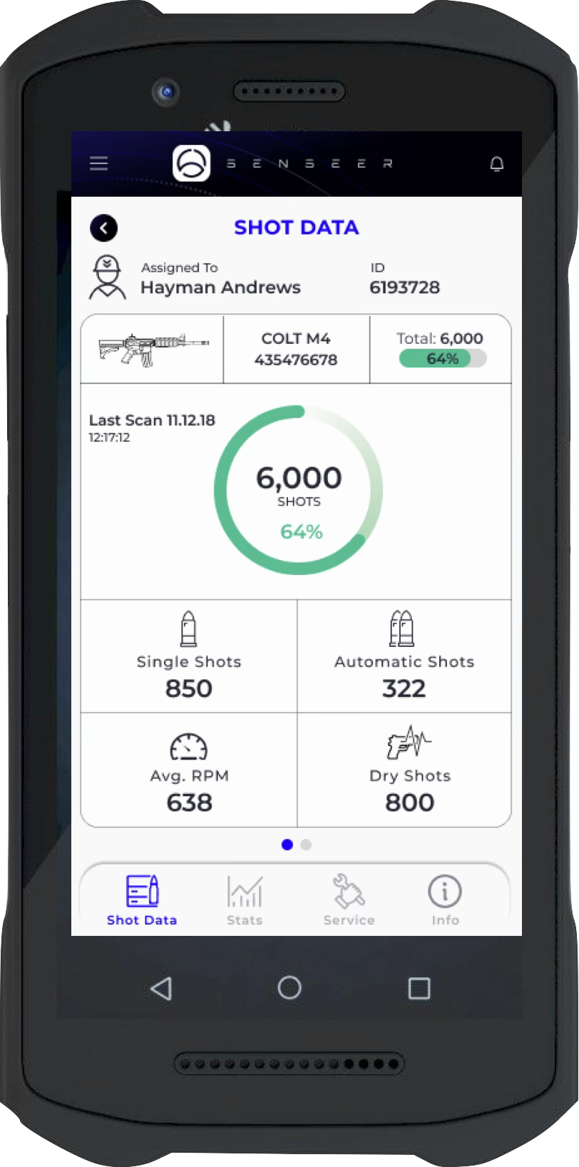 Handheld NFC reader showing shot data